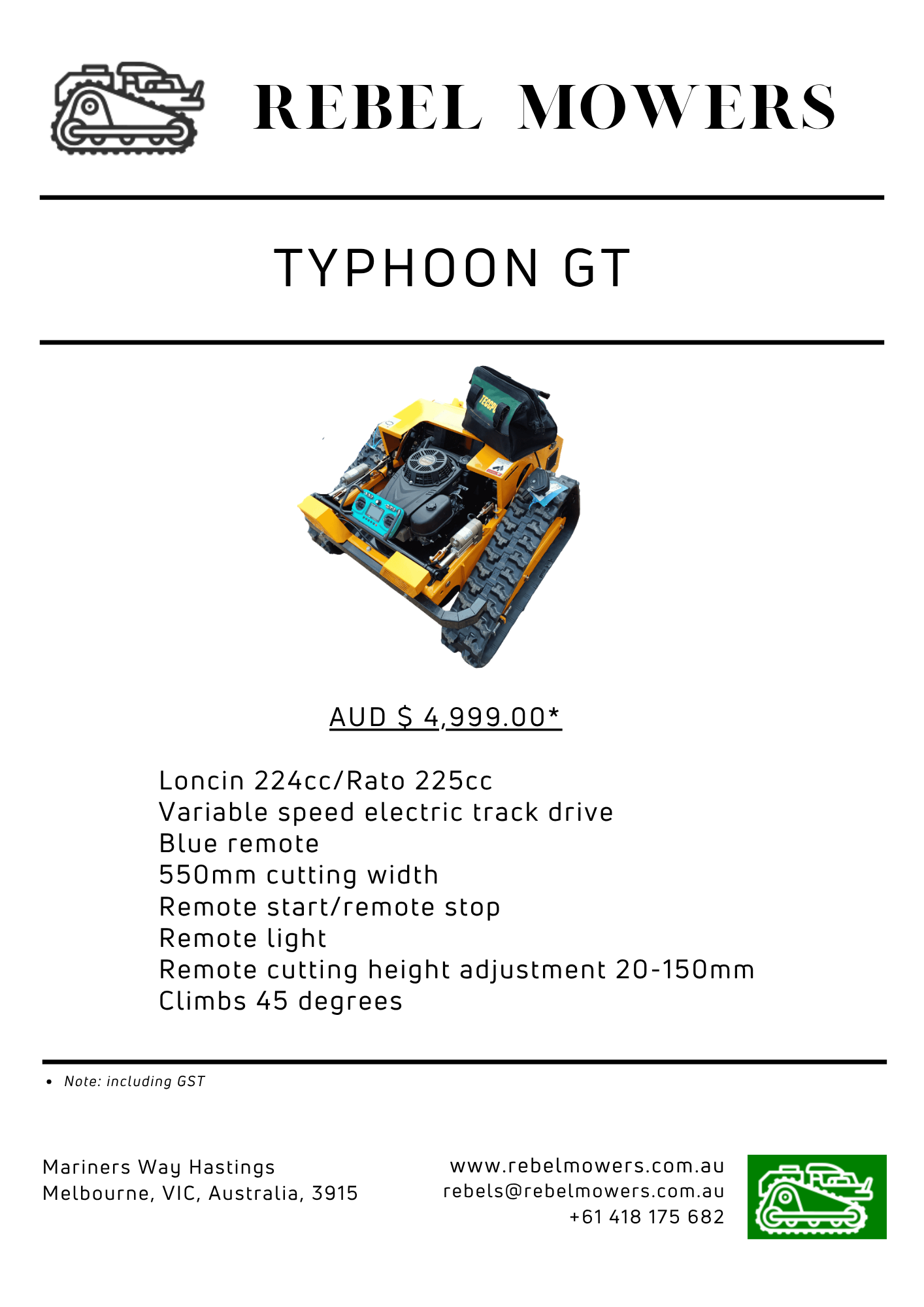 (Remote Control Lawn Mower) Typhoon 45 degree climb 224cc 500mm cut