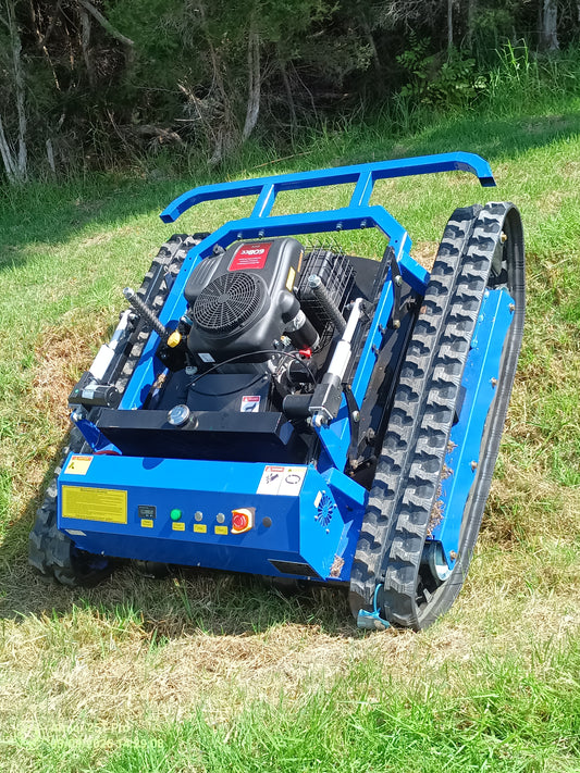 Remote control mower Australia Tank800. Our best hill climber. Low profile slips under trees and vines. Climbs up to 50 degrees, mows almost anything. 800mm cut, 22 Hp.
www.rebelmowers.com.au