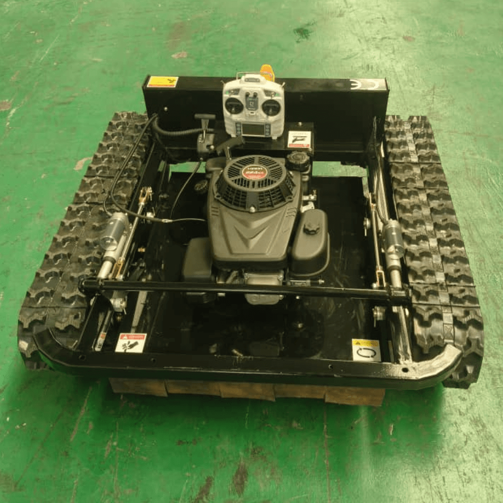 Radio controlled lawn mower with remote control and tracked stability for extreme terrain cutting.