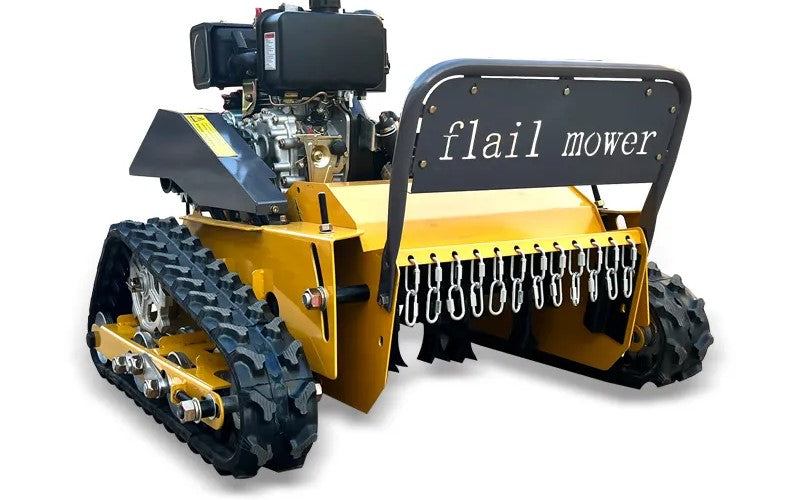 Yellow tracked vehicle with a flail mower attachment on a white background