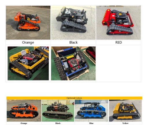 RC mower model in various colors with labels. www.rebelmowers.com.au