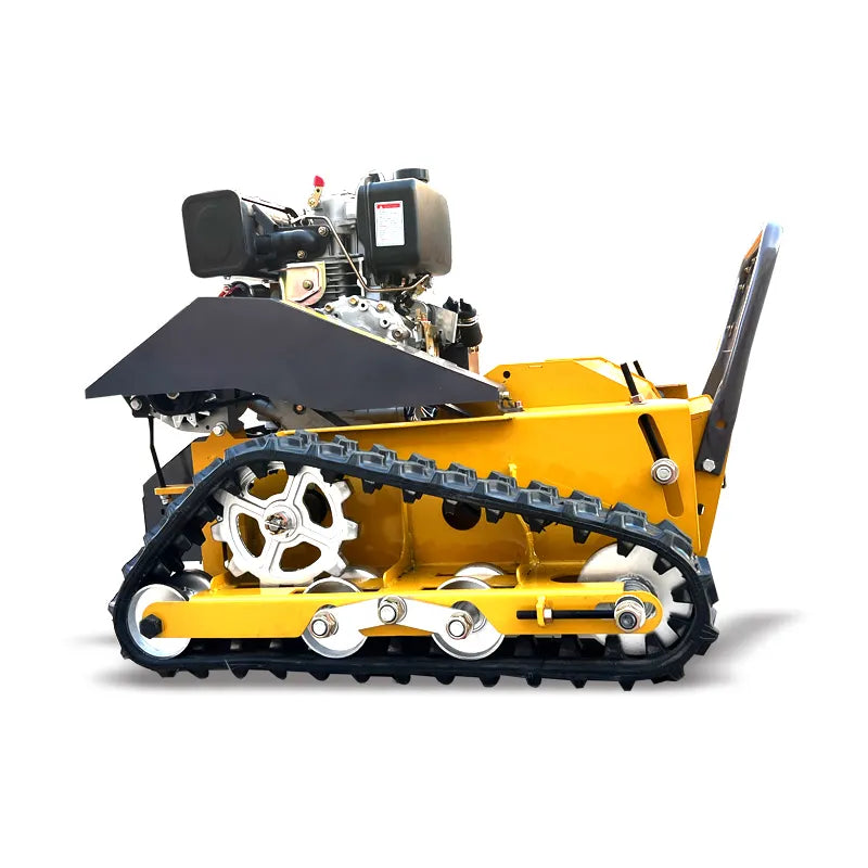 Yellow tracked machine with engine on a white background