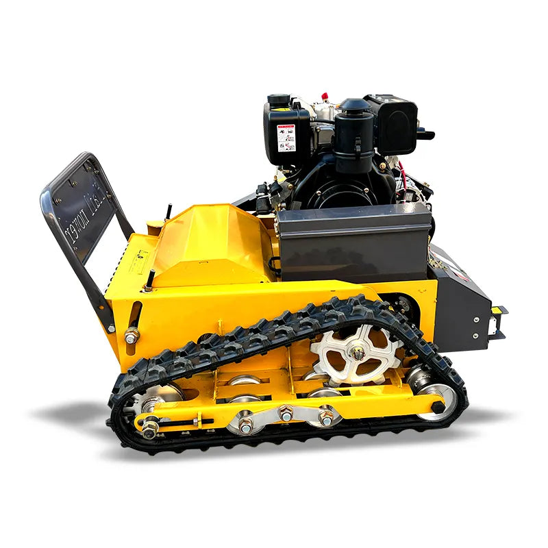 Yellow tracked machine with a black engine on a white background