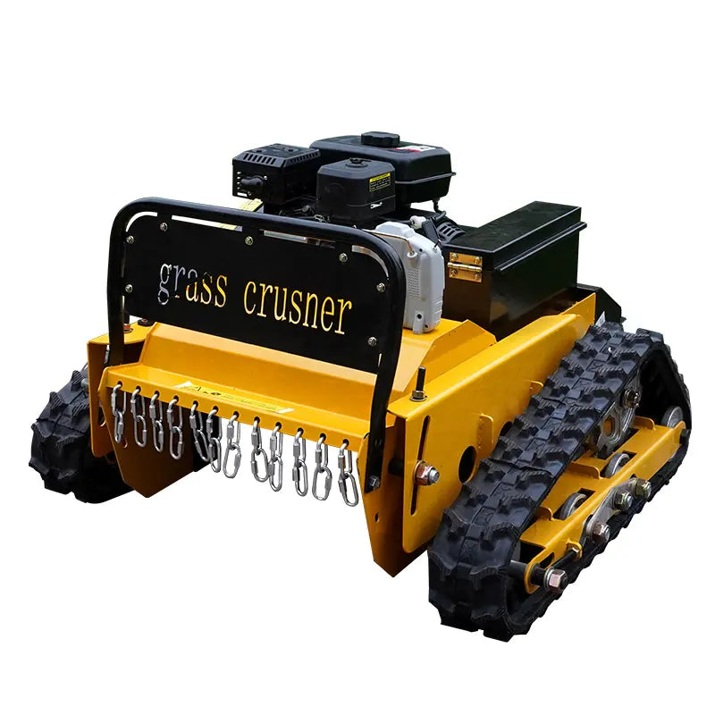 Yellow and black grass crusner machine on a white background