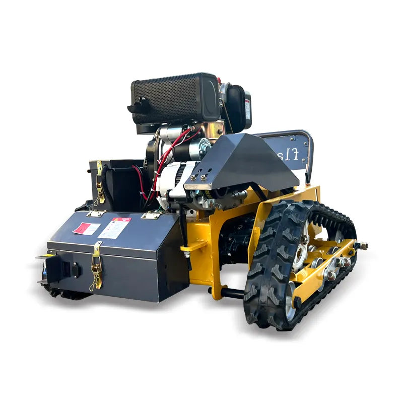 RC lawn mower with tracks on a white background