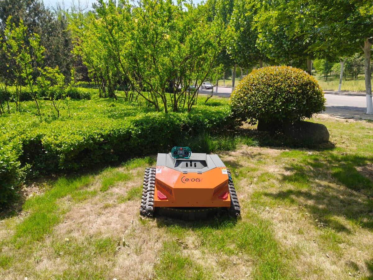 Redback remote control lawn mower on grass near bushes in a landscaped garden.