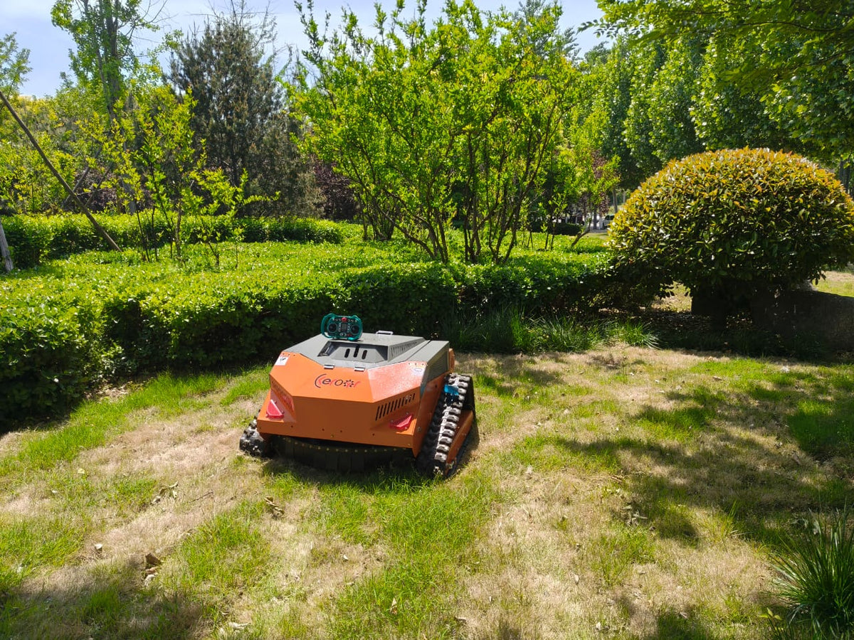 Redback remote control lawn mower in a grassy garden area with surrounding greenery.