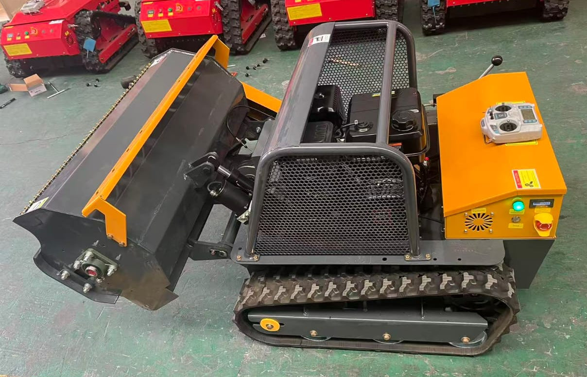 Remote Control Mower Big Boar 1200mm cut all terrain flail mower at full lift. The hydraulic lift is amongst the highest blade lift of any machine in its class allowing extraordinary offroad performance. We have big motors. www.rebelmowers.com.au