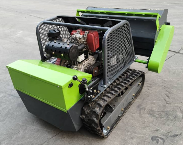 Remote Control Mower Big Boar 1200mm cut diesel all terrain flail mower at full lift. The lift is amongst the highest of any machine in its class allowing extraordinary offroad performance. 