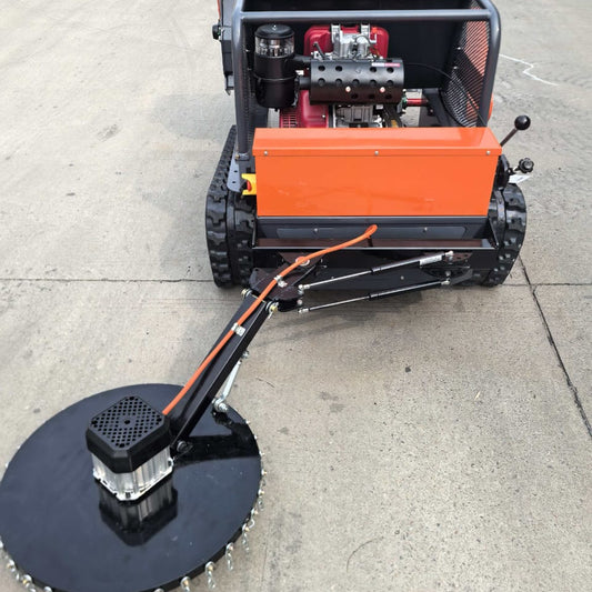 Remote Control Mower Big Boar 1200mm cut all terrain flail mower with optional fence mower. Steel blades, 1Kw electric motor, 500mm cut. Spring loaded to trace fences, posts, cut under fences.
