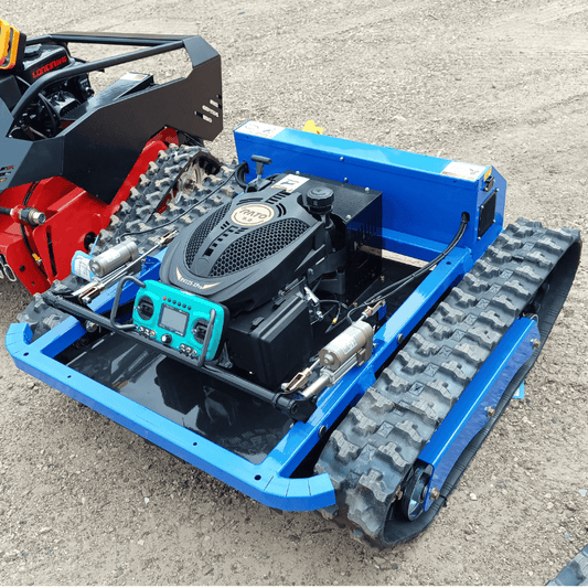 Remote control all-terrain lawn mower showcasing rugged design and powerful engine for hill climbing and challenging terrains.