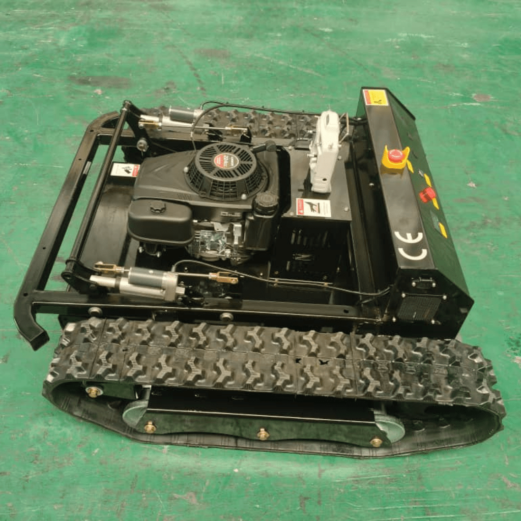 Radio controlled lawn mower with 9HP engine and tracked drive system for extreme terrain.