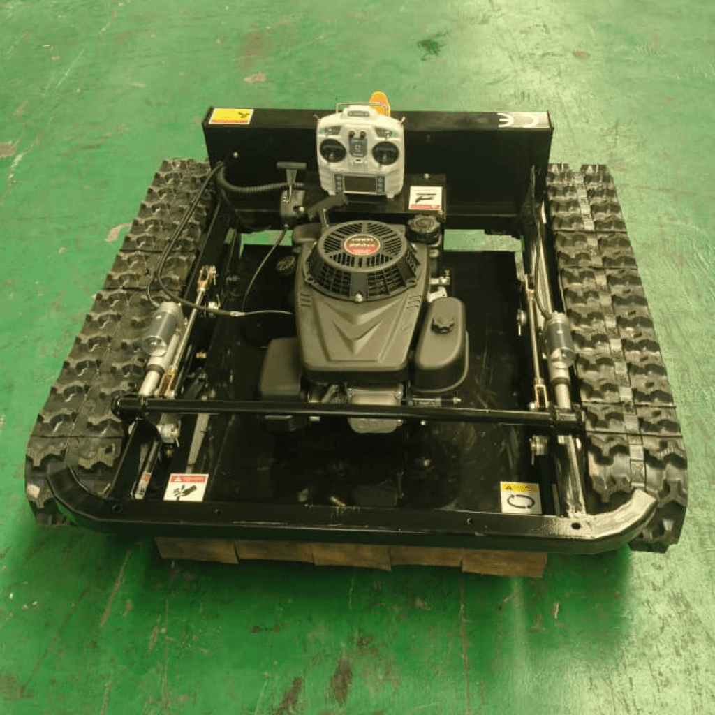Radio controlled lawn mower with remote control and tracked stability for extreme terrain cutting.