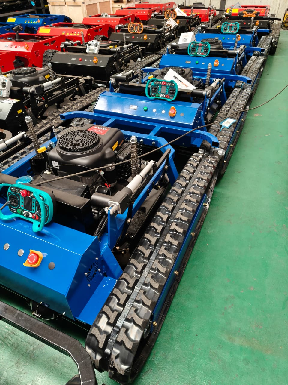 The 4 blue Tank 800mm 22Hp remote control mowers are built and ready to be loaded. Which one is yours? www.rebelmowers.com.au