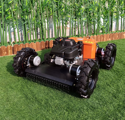 RC lawn mower on a grassy area with cornstalks in the background