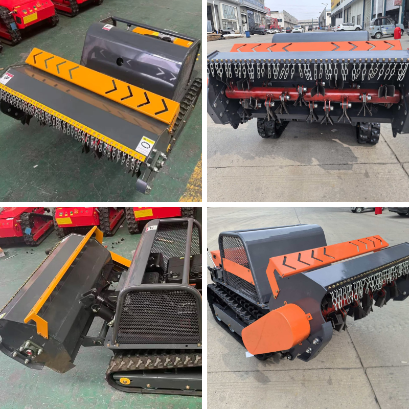 Collage of a large agricultural or construction machine with orange and black components on a concrete surface.